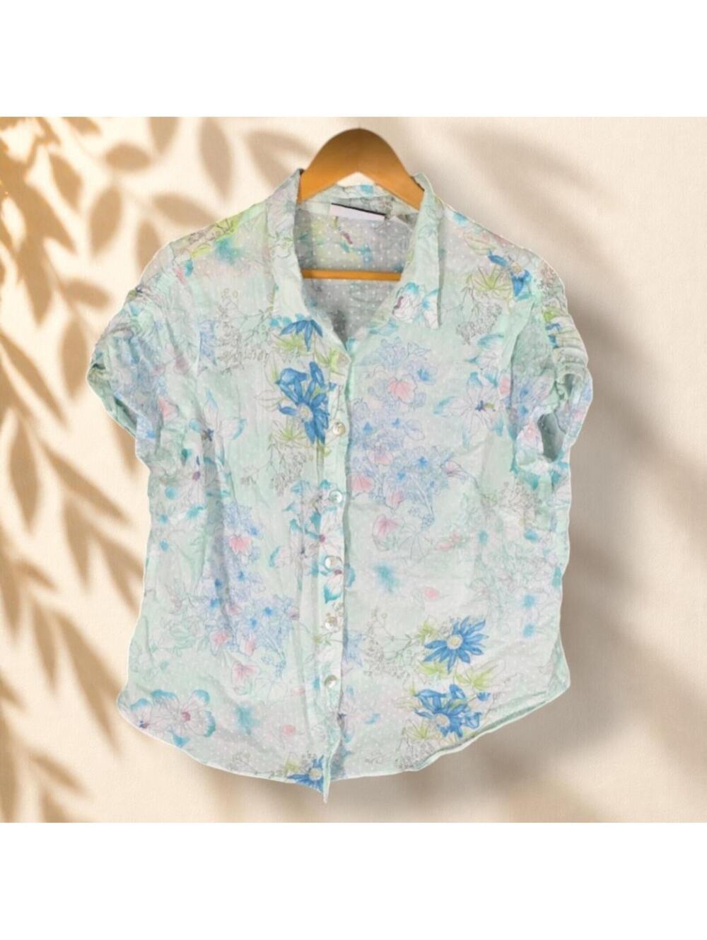 Jamaica Bay Shirt Women 1X Plus Blue Floral Button Up Collared Short Sleeve